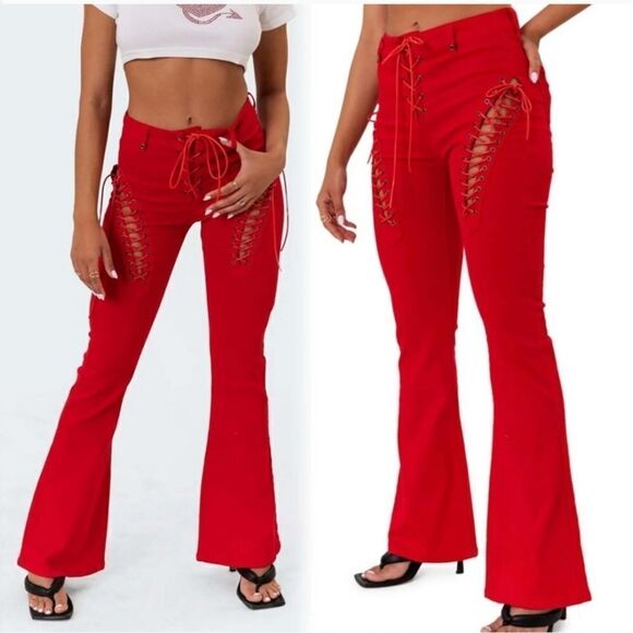 Edikted Engine Red Lace-Up High Waist Flare Jeans Size XS - Picture 1 of 16